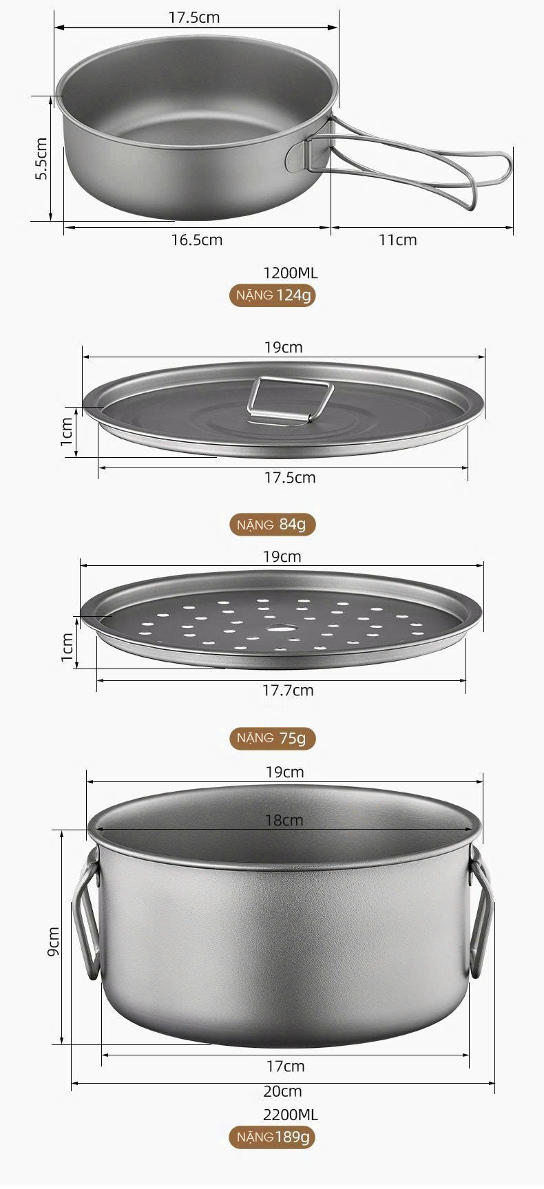 Bộ nồi bằng titan nguyên chất dụng cụ cắm trại dã ngoại có thể gấp gọn DCCT001