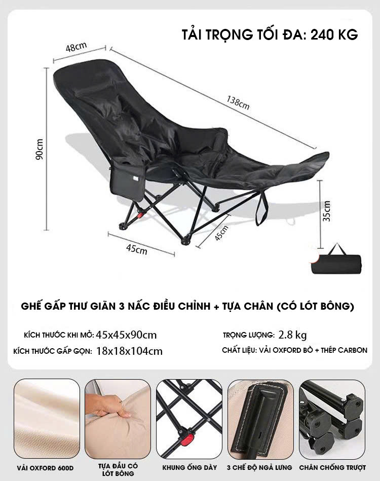 Ghế gấp thư giãn dã ngoại cắm trại ngoài trời 3 chế độ ngã DCCT011