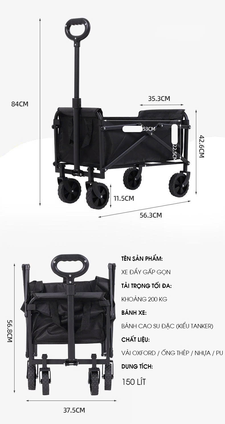Xe kéo gấp gọn đa năng dã ngoại cắm trại tải trong lớn bánh xe xoay 360 độ chóng trượt DCCT014