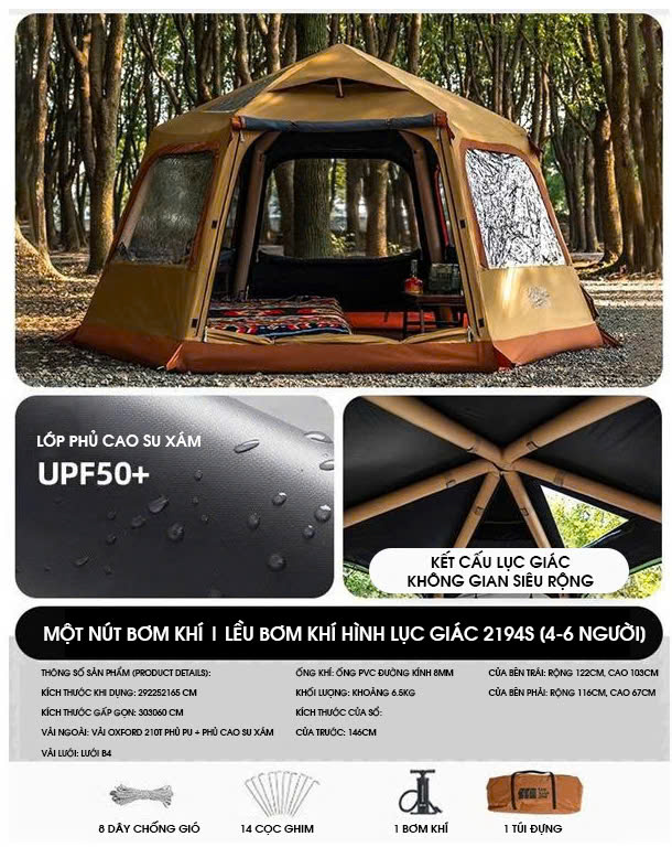 Lều cắm trại lục giác cao cấp 6 cửa sổ chóng mưa gió tia UV 001
