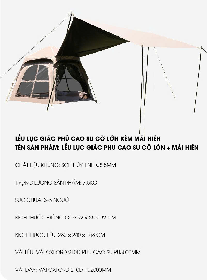 Lều lục giác cao cấp có mái hiên chóng nước siêu tốt LCT007