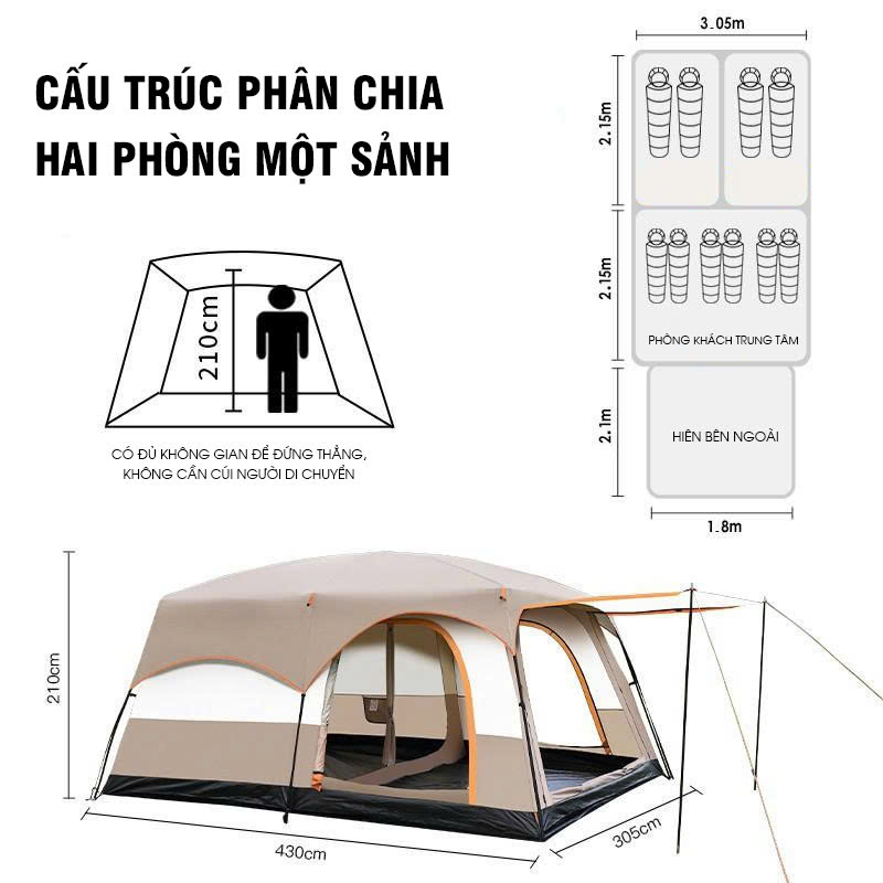 Lều cắm trại cho gia đình nhóm đông người 2 phòng 1 sảnh LCT016