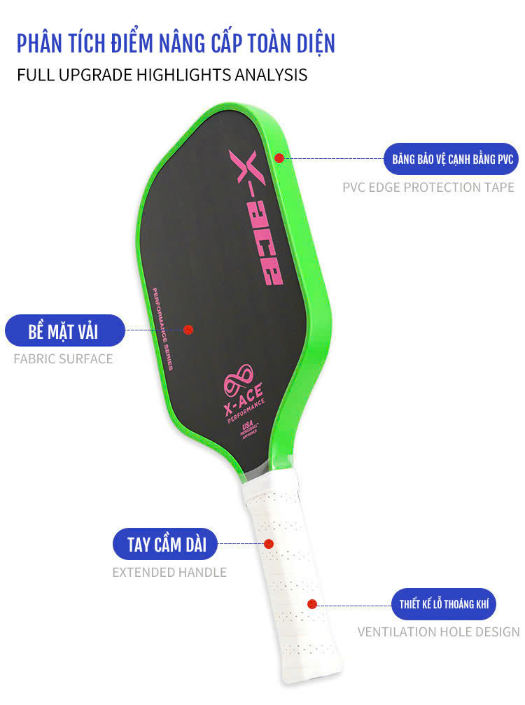 Vợt Pickleball sợi carbon vân vải X ACE 16mm cao cấp 013