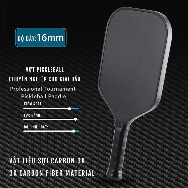 Vợt Pickleball 3k trơn 16mm sợi carbon cao cấp chuyên nghiệp 014