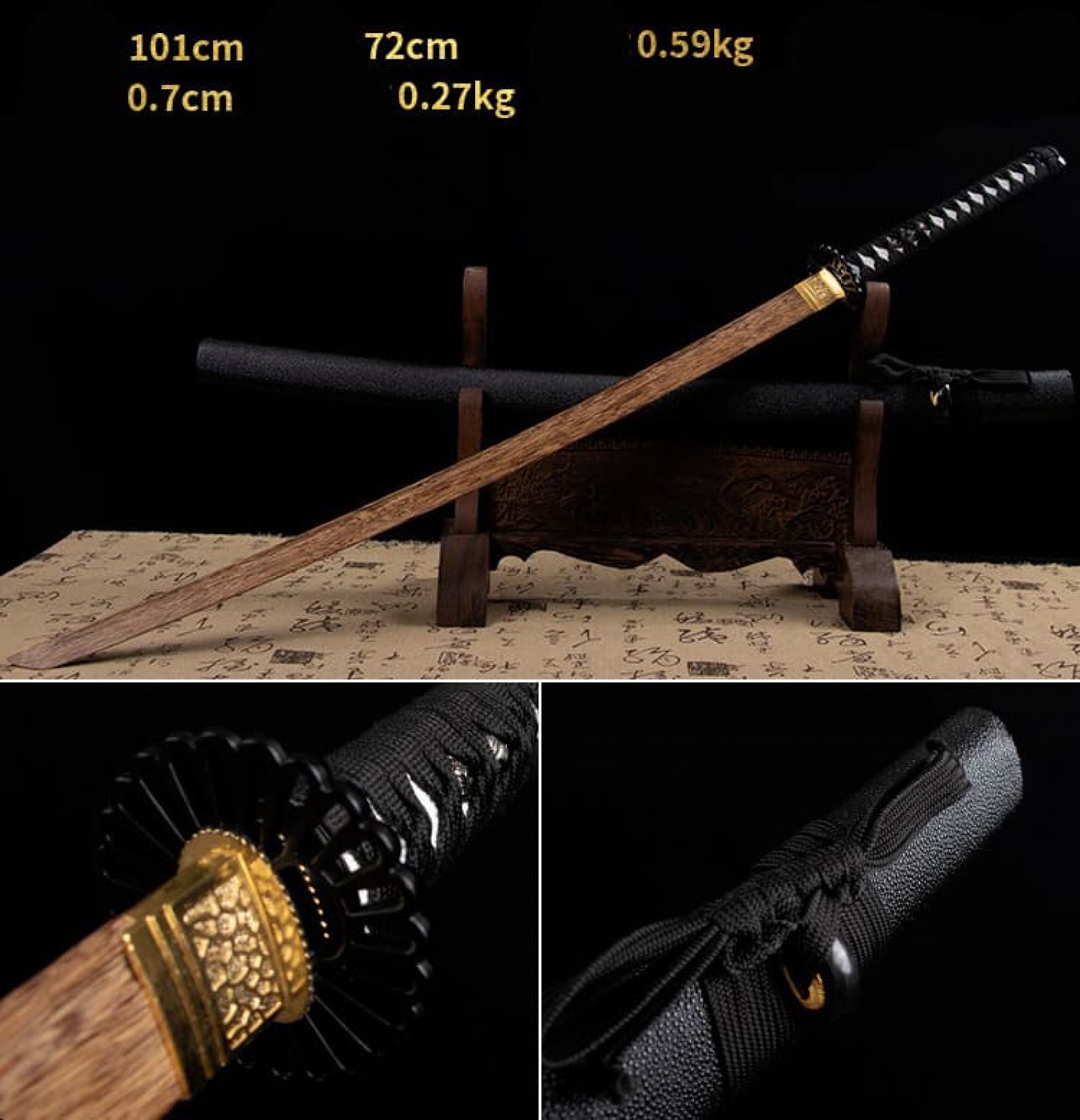 Kiếm gỗ samurai nhật bản chuôi lưỡi màu vàng kèm chắn kiếm tsuba 009