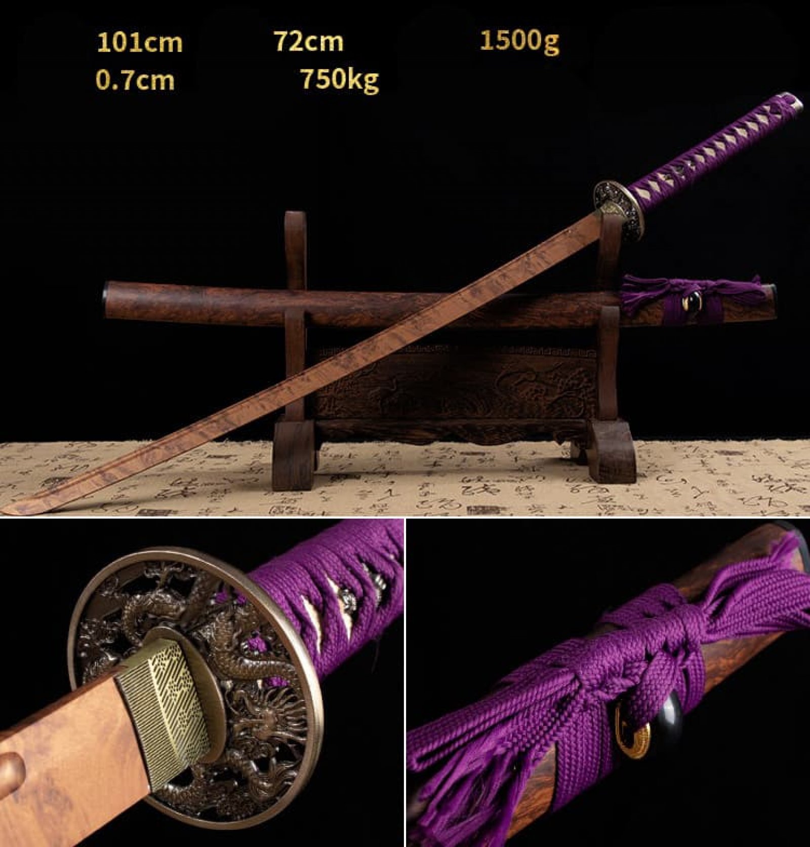 Kiếm gỗ samurai Nhật bản màu tím có tsuba chắn kiếm 025
