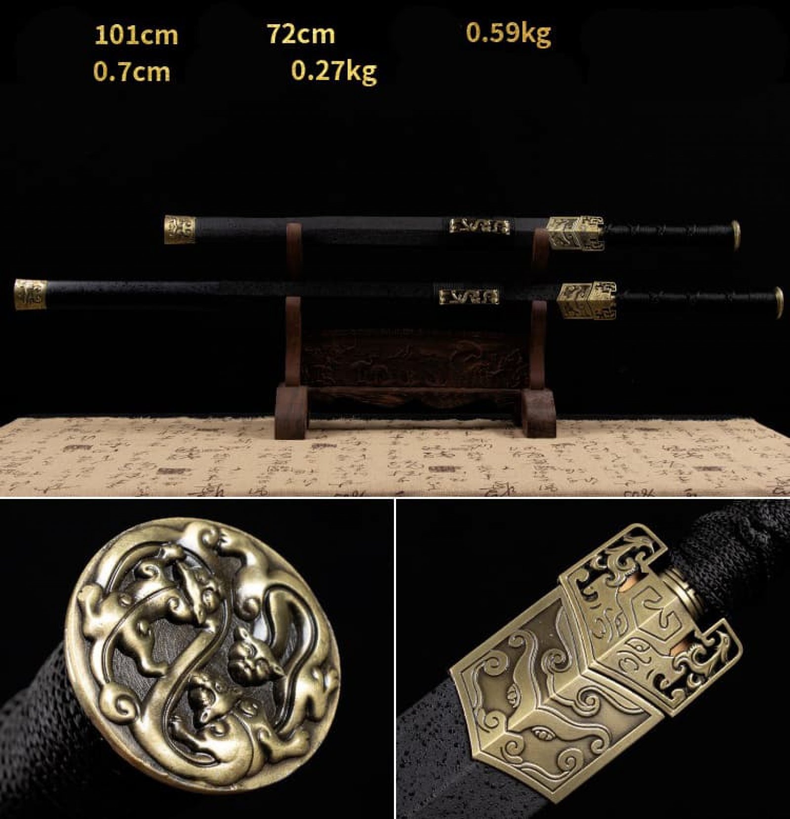 Kiếm gỗ samurai Nhật Bản vỏ kiếm chạm khắc rồng có tsuba 018