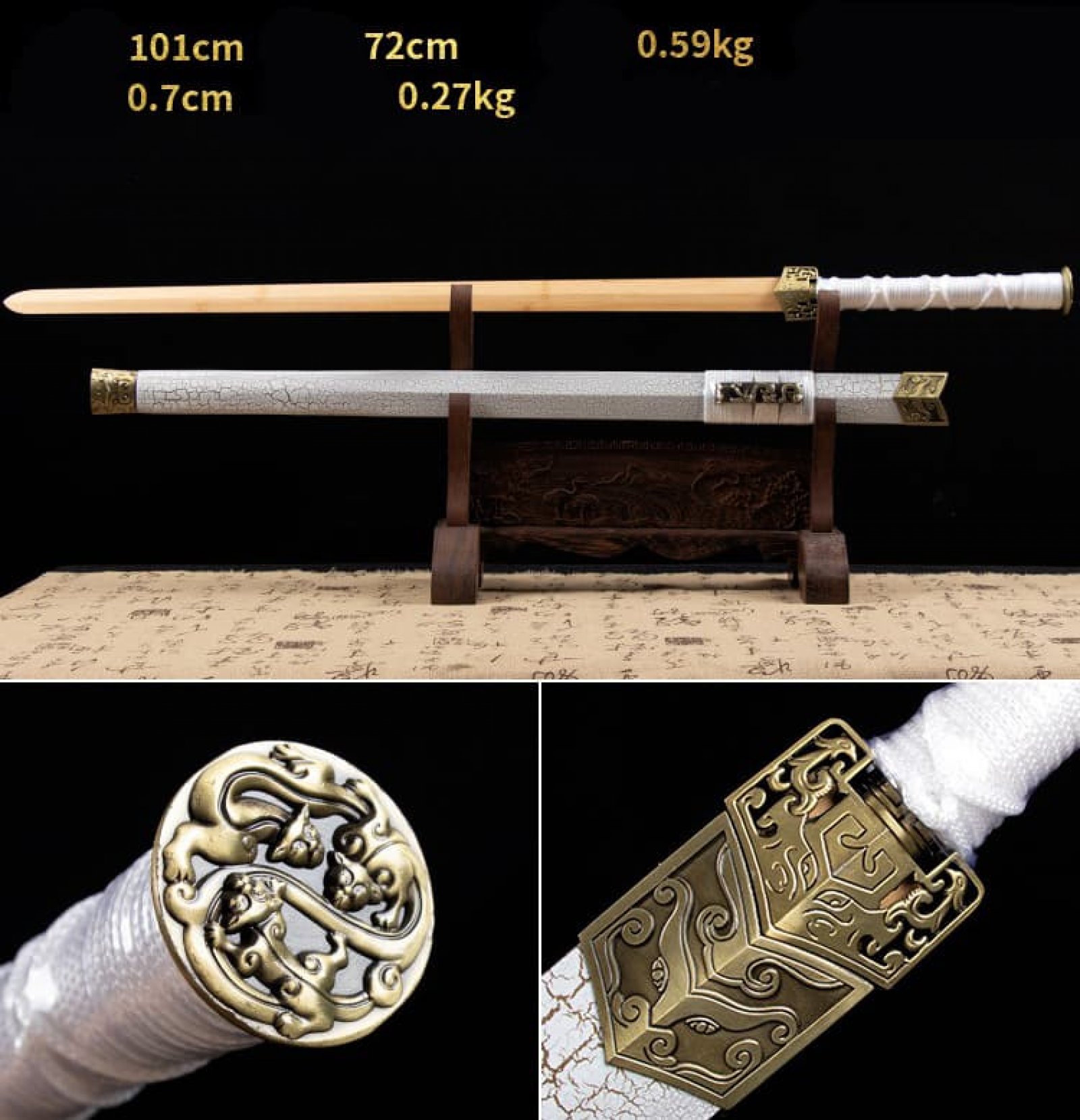 Kiếm gỗ samurai Nhật Bản vỏ kiếm đá sapphire màu trắng có tsuba 017