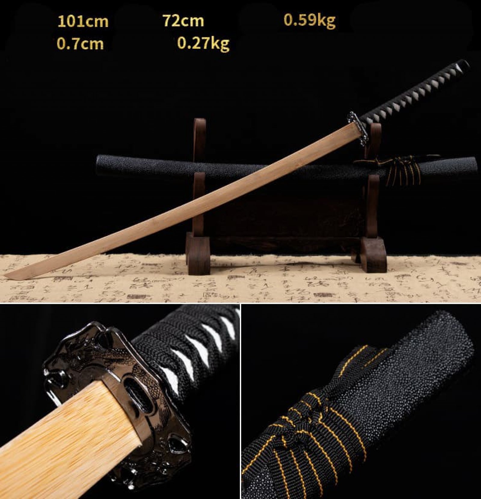 Kiếm gỗ samurai Nhật Bản vỏ kiếm đen nhám có tsuba 014
