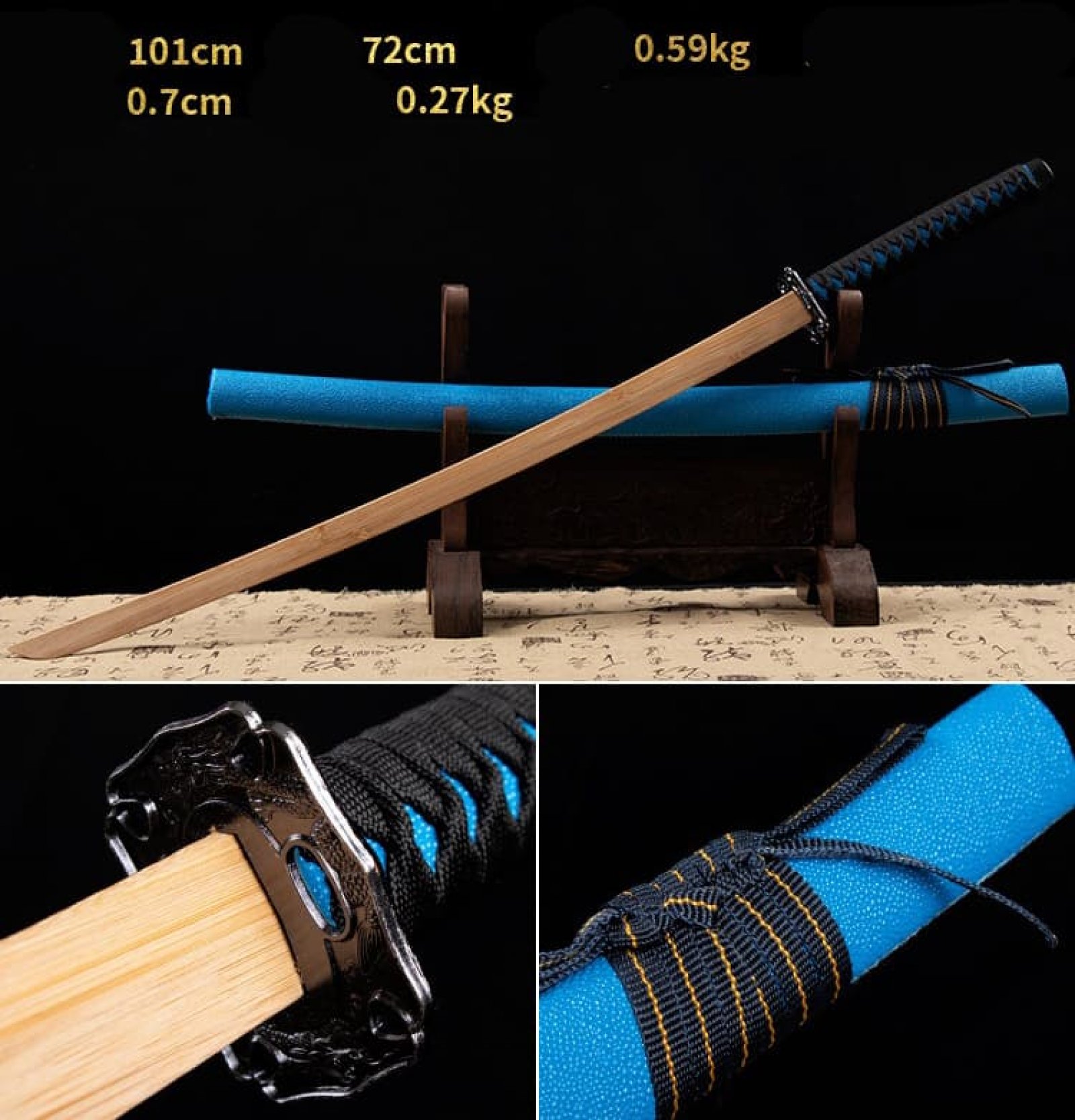 Kiếm gỗ samurai Nhật Bản vỏ kiếm xanh dương nhám có tsuba 015