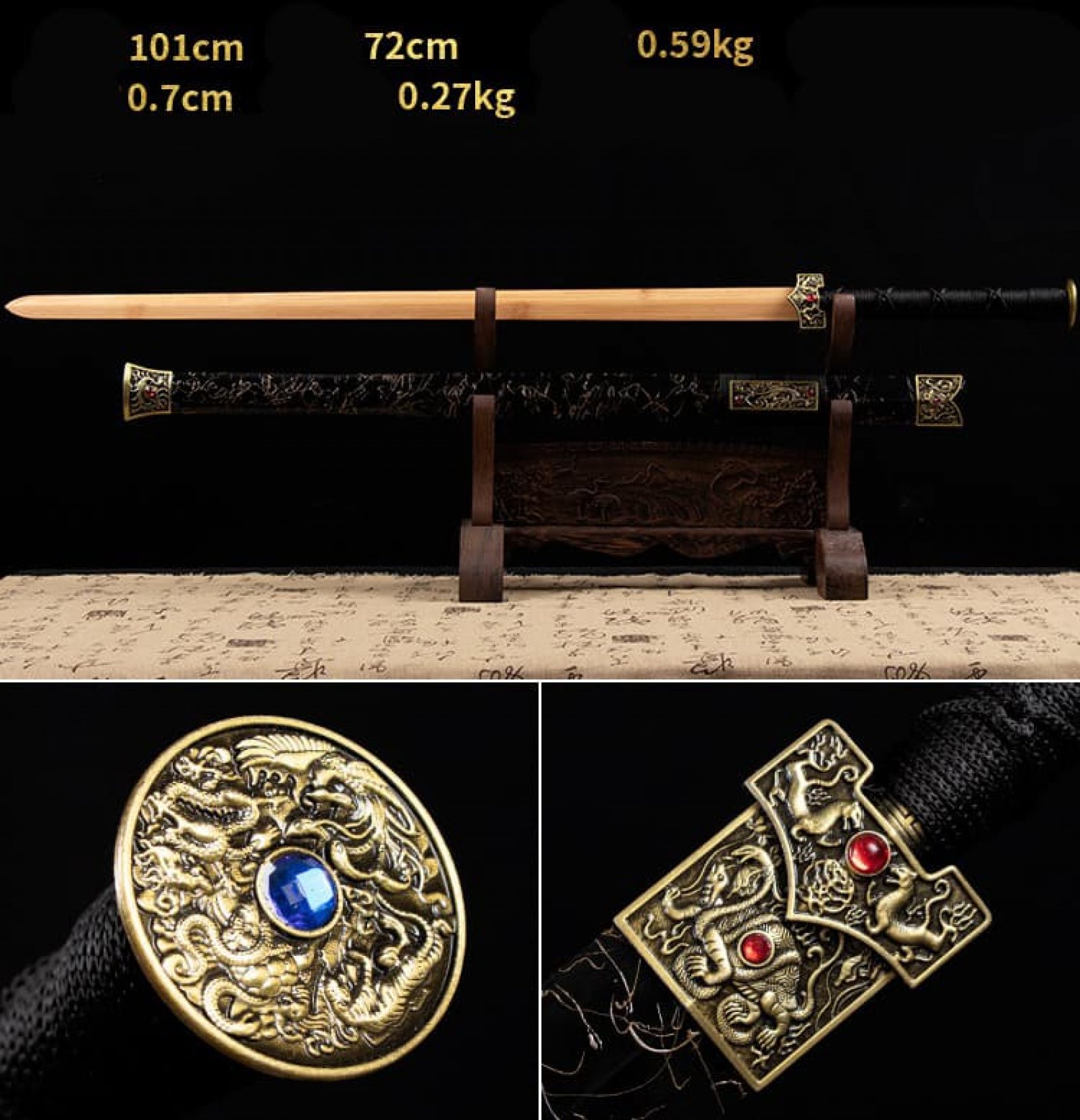 Kiếm gỗ thẳng Nhật Bản vỏ kiếm đá sapphire có tsuba chắn kiếm 016