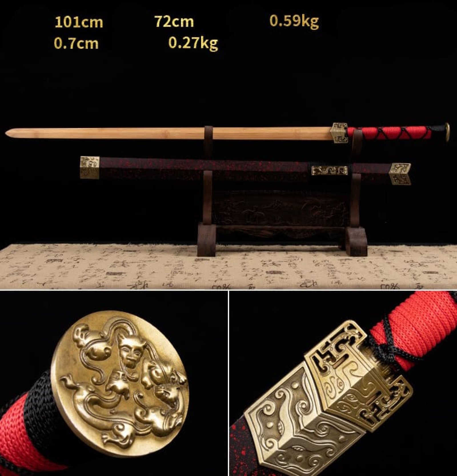 Kiếm gỗ thẳng Nhật Bản vỏ kiếm màu đỏ có tsuba 020