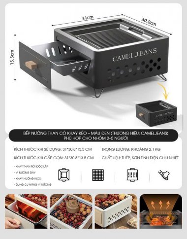 Bếp nướng than dã ngoại cắm trại khay kéo tiện lợi DCCT017
