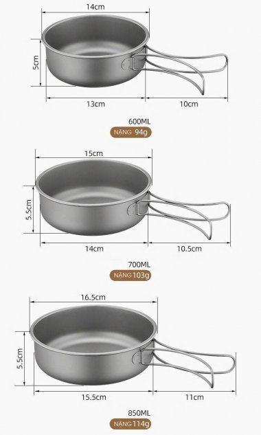 Bộ nồi bằng titan nguyên chất dụng cụ cắm trại dã ngoại có thể gấp gọn DCCT001