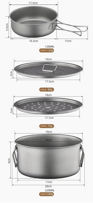 Bộ nồi bằng titan nguyên chất dụng cụ cắm trại dã ngoại có thể gấp gọn DCCT001
