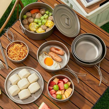 Bộ nồi bằng titan nguyên chất dụng cụ cắm trại dã ngoại có thể gấp gọn DCCT001