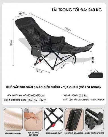 Ghế gấp thư giãn dã ngoại cắm trại ngoài trời 3 chế độ ngã DCCT011