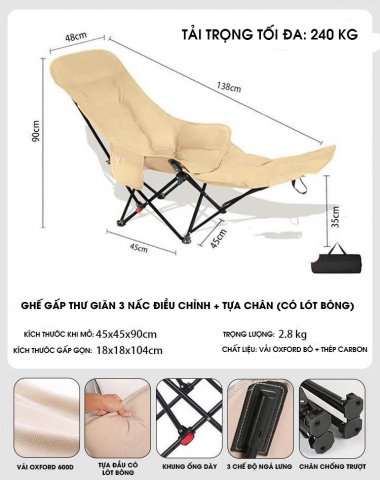 Ghế gấp thư giãn dã ngoại cắm trại ngoài trời 3 chế độ ngã DCCT011