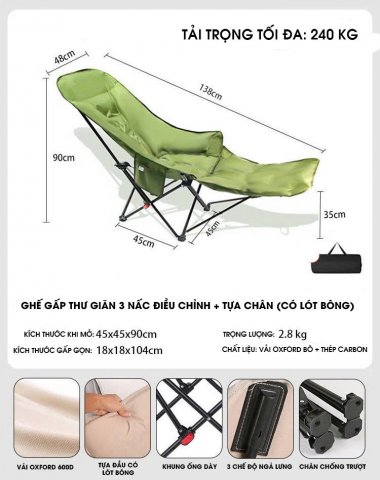 Ghế gấp thư giãn dã ngoại cắm trại ngoài trời 3 chế độ ngã DCCT011