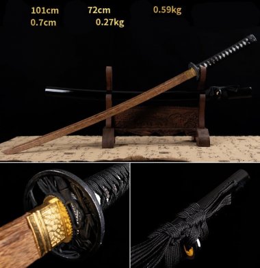 Kiếm gỗ samurai Nhật Bản màu đen trơn kèm tsuba chắn kiếm 012