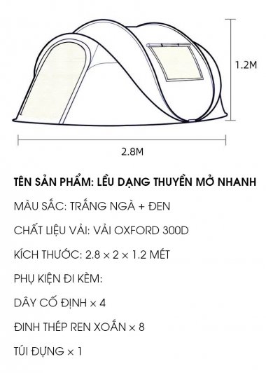 Lều cắm trại du lịch dạng thuyền mở nhanh gấp gọn siêu tốc LCT011