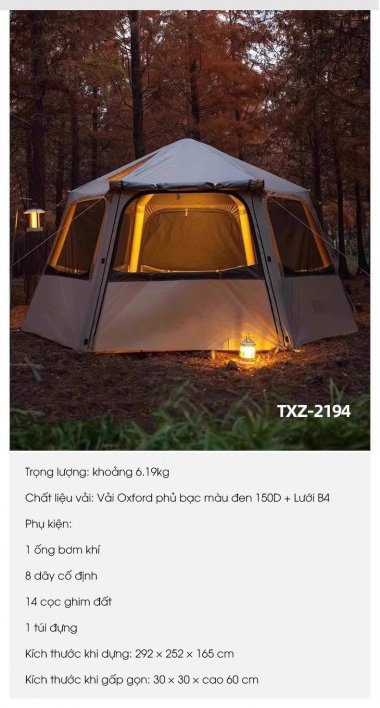 Lều cắm trại lục giác cao cấp 6 cửa sổ chóng mưa gió tia UV LCT001