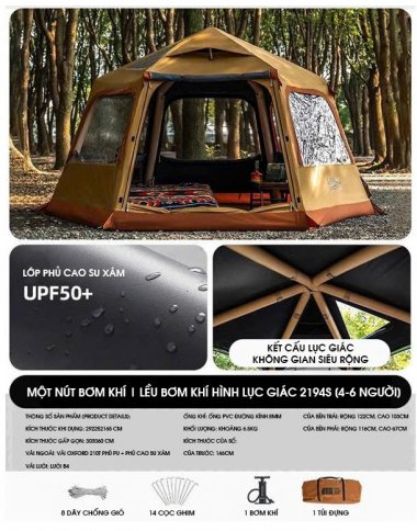 Lều cắm trại lục giác cao cấp 6 cửa sổ chóng mưa gió tia UV LCT001