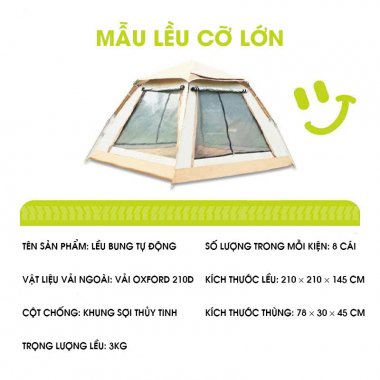 Lều cắm trại tự động bung cỡ lớn khung sợi thủy tinh chóng thấm tốt LCT003