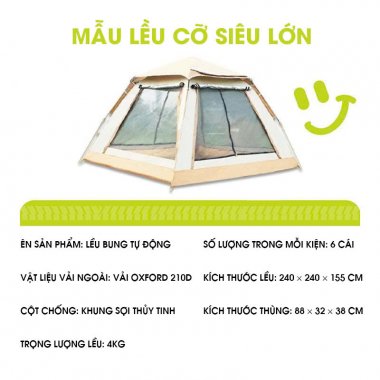 Lều cắm trại tự động bung cỡ lớn khung sợi thủy tinh chóng thấm tốt LCT003