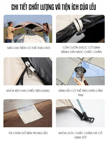 Lều dã ngoại tự bung gấp gọn màu kem trà sữa chóng nắng chống côn trùng LCT019