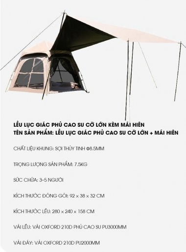 Lều lục giác cao cấp có mái hiên chóng nước siêu tốt LCT007
