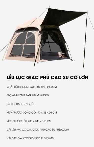 Lều lục giác cao cấp có mái hiên chóng nước siêu tốt LCT007