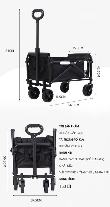 Xe kéo gấp gọn đa năng dã ngoại cắm trại tải trong lớn bánh xe xoay 360 độ chóng trượt DCCT014